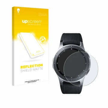 Face avant d’un emballage produit avec le logo de la marque upscreen. À côté, l’appareil Samsung Galaxy Watch (46 mm) est repr