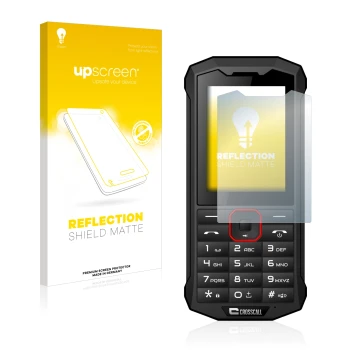 Face avant d’un emballage produit avec le logo de la marque upscreen. À côté, l’appareil Crosscall Spider X4 est représenté av