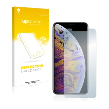 Face avant d’un emballage produit avec le logo de la marque upscreen. À côté, l’appareil Apple iPhone Xs Max est représenté av