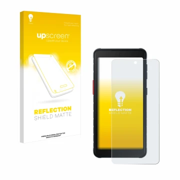 Face avant d’un emballage produit avec le logo de la marque upscreen. À côté, l’appareil Samsung Galaxy XCover 5 est représent