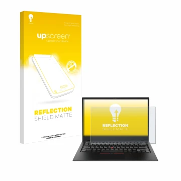 Face avant d’un emballage produit avec le logo de la marque upscreen. À côté, l’appareil Lenovo ThinkPad X1 Carbon (6ème Gen.)