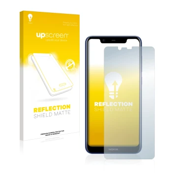 Face avant d’un emballage produit avec le logo de la marque upscreen. À côté, l’appareil Nokia 5.1 Plus 2018 est représenté av