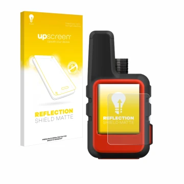 Face avant d’un emballage produit avec le logo de la marque upscreen. À côté, l’appareil Garmin inReach Mini est représenté av