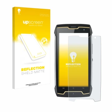 Face avant d’un emballage produit avec le logo de la marque upscreen. À côté, l’appareil Cubot King Kong est représenté avec l