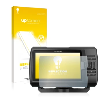 Face avant d’un emballage produit avec le logo de la marque upscreen. À côté, l’appareil Garmin Striker Plus 7cv est représent