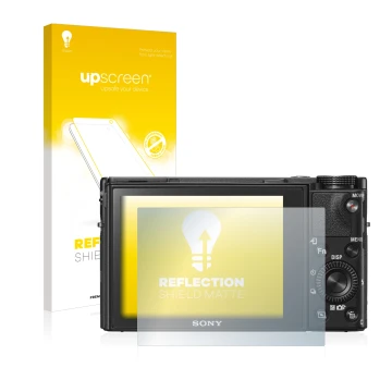 Face avant d’un emballage produit avec le logo de la marque upscreen. À côté, l’appareil Sony Cyber-Shot DSC-RX100 VI est repr