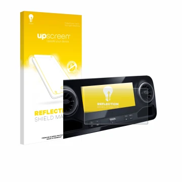 Face avant d’un emballage produit avec le logo de la marque upscreen. À côté, l’appareil Mercedes-Benz Sprinter 2018 MBUX 7