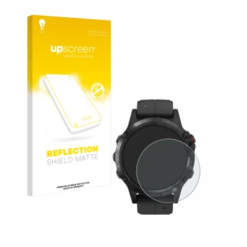 Face avant d’un emballage produit avec le logo de la marque upscreen. À côté, l’appareil Garmin Fenix 5 Plus (47 mm) est repré