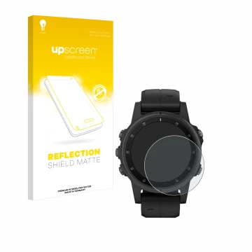 Face avant d’un emballage produit avec le logo de la marque upscreen. À côté, l’appareil Garmin Fenix 5S Plus (42 mm) est repr