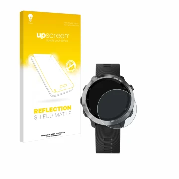Face avant d’un emballage produit avec le logo de la marque upscreen. À côté, l’appareil Garmin Forerunner 645 Music est repré