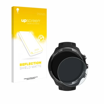 Face avant d’un emballage produit avec le logo de la marque upscreen. À côté, l’appareil Suunto 9 est représenté avec la prote