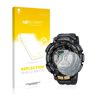 Face avant d’un emballage produit avec le logo de la marque upscreen. À côté, l’appareil Casio Pro Trek PRG-240-1ER est représ
