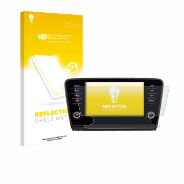 Face avant d’un emballage produit avec le logo de la marque upscreen. À côté, l’appareil Skoda Amundsen Superb 2018 Infotainme