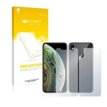 Face avant d’un emballage produit avec le logo de la marque upscreen. À côté, l’appareil Apple iPhone Xs (Avant+Arrière) est r