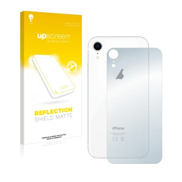 Face avant d’un emballage produit avec le logo de la marque upscreen. À côté, l’appareil Apple iPhone XR (Le dos) est représen