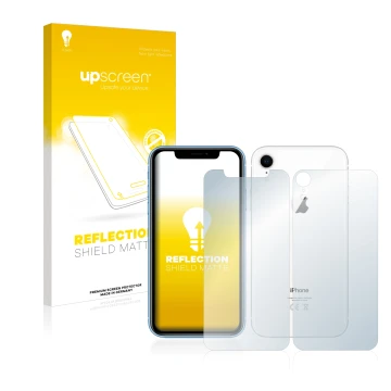 Face avant d’un emballage produit avec le logo de la marque upscreen. À côté, l’appareil Apple iPhone XR (Avant+Arrière) est r