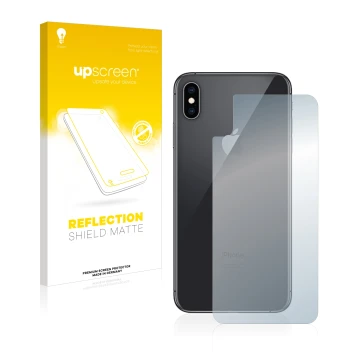 Face avant d’un emballage produit avec le logo de la marque upscreen. À côté, l’appareil Apple iPhone Xs Max (Le dos) est repr
