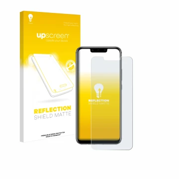 Face avant d’un emballage produit avec le logo de la marque upscreen. À côté, l’appareil Huawei Mate 20 lite est représenté av