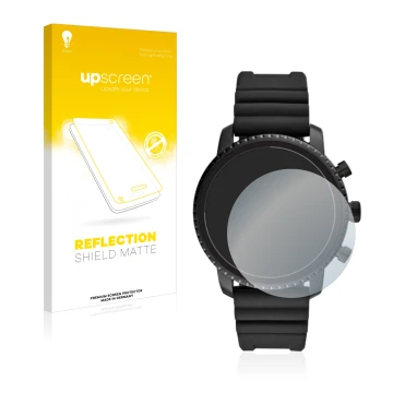 Face avant d’un emballage produit avec le logo de la marque upscreen. À côté, l’appareil Fossil Q Explorist HR (4.Gen) est rep