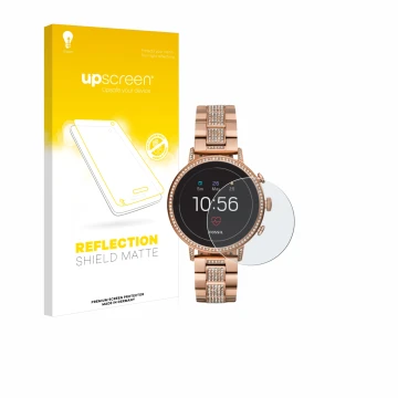 Face avant d’un emballage produit avec le logo de la marque upscreen. À côté, l’appareil Fossil Q Venture HR (4.Gen) est repré