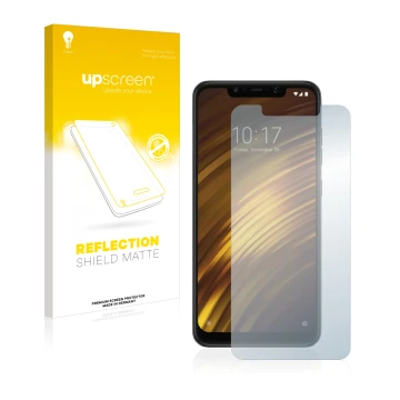 Face avant d’un emballage produit avec le logo de la marque upscreen. À côté, l’appareil Xiaomi Pocophone F1 est représenté av