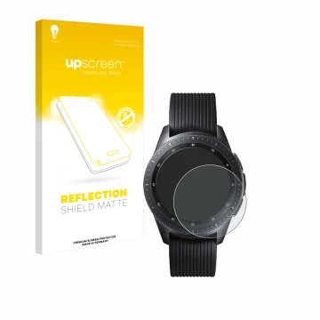 Face avant d’un emballage produit avec le logo de la marque upscreen. À côté, l’appareil Samsung Galaxy Watch (42 mm) est repr