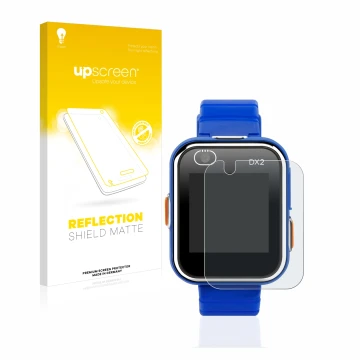 Face avant d’un emballage produit avec le logo de la marque upscreen. À côté, l’appareil Vtech Kidizoom Smart Watch DX2 est re