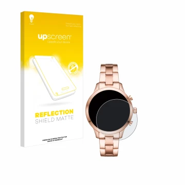 Face avant d’un emballage produit avec le logo de la marque upscreen. À côté, l’appareil Michael Kors Access Runway (41 mm) es