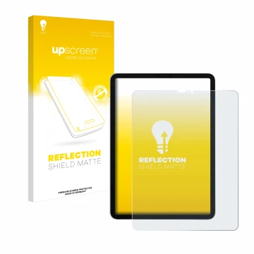 Face avant d’un emballage produit avec le logo de la marque upscreen. À côté, l’appareil Apple iPad Pro 12.9