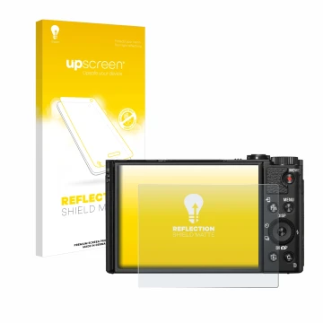 Face avant d’un emballage produit avec le logo de la marque upscreen. À côté, l’appareil Sony Cyber-Shot DSC-HX99 est représen