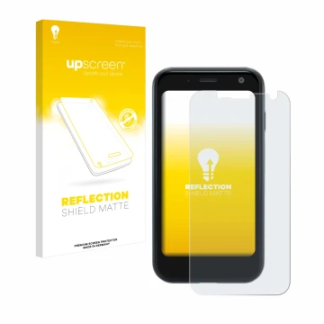 Face avant d’un emballage produit avec le logo de la marque upscreen. À côté, l’appareil Palm Mini Smartphone est représenté a