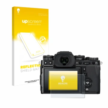 Face avant d’un emballage produit avec le logo de la marque upscreen. À côté, l’appareil Fujifilm X-T3 est représenté avec la 