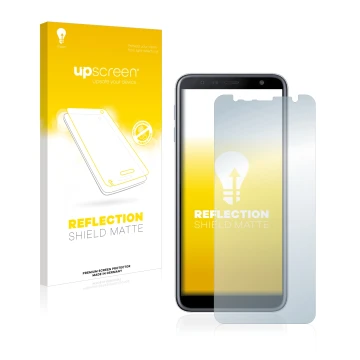 Face avant d’un emballage produit avec le logo de la marque upscreen. À côté, l’appareil Samsung Galaxy J6 Plus est représenté