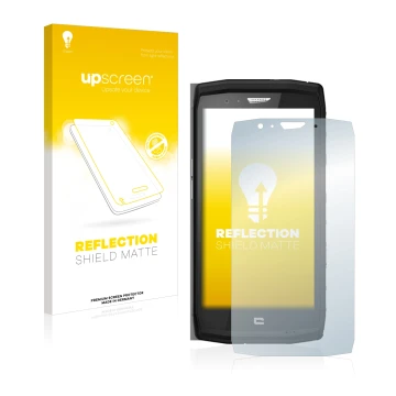 Face avant d’un emballage produit avec le logo de la marque upscreen. À côté, l’appareil Crosscall Trekker X4 est représenté a