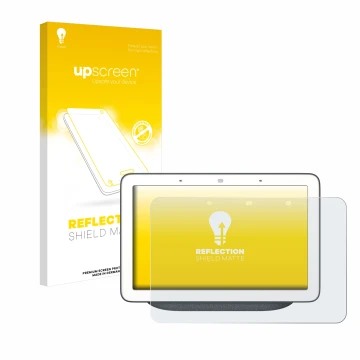 Face avant d’un emballage produit avec le logo de la marque upscreen. À côté, l’appareil Google Home Hub est représenté avec l
