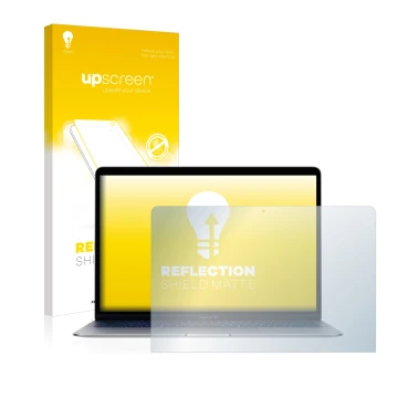 Face avant d’un emballage produit avec le logo de la marque upscreen. À côté, l’appareil Apple MacBook Air 13