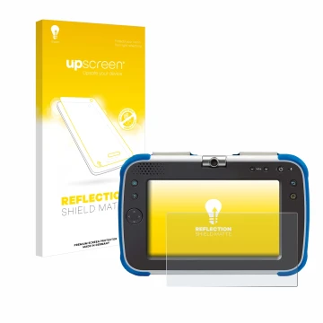 Face avant d’un emballage produit avec le logo de la marque upscreen. À côté, l’appareil Vtech Storio Max XL 2.0 est représent