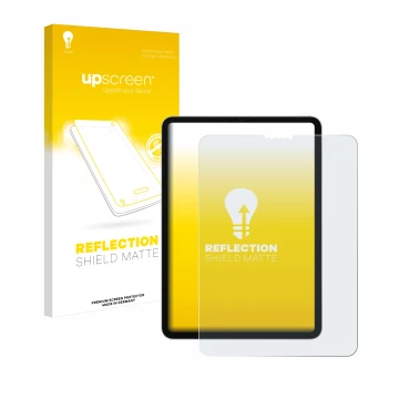 Face avant d’un emballage produit avec le logo de la marque upscreen. À côté, l’appareil Apple iPad Pro 11