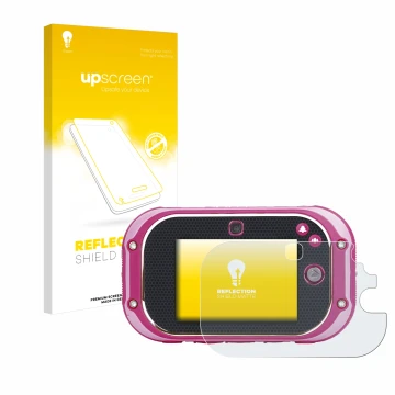 Face avant d’un emballage produit avec le logo de la marque upscreen. À côté, l’appareil Vtech Kidizoom Touch 5.0 2018 est rep