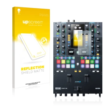 Face avant d’un emballage produit avec le logo de la marque upscreen. À côté, l’appareil Rane Seventy-Two est représenté avec 