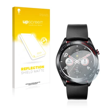Face avant d’un emballage produit avec le logo de la marque upscreen. À côté, l’appareil Honor Watch Magic est représenté avec