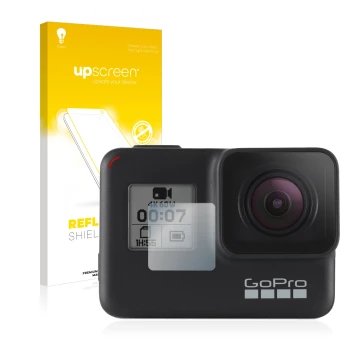 Face avant d’un emballage produit avec le logo de la marque upscreen. À côté, l’appareil GoPro Hero 7 Black (Affichage avant) 