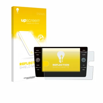 Face avant d’un emballage produit avec le logo de la marque upscreen. À côté, l’appareil Volkswagen Golf 7 2019 Discover Media