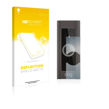 Face avant d’un emballage produit avec le logo de la marque upscreen. À côté, l’appareil Ring Video Doorbell Pro est représent