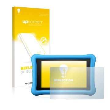 Face avant d’un emballage produit avec le logo de la marque upscreen. À côté, l’appareil Amazon Fire HD 8 Kids Edition 2018 (8