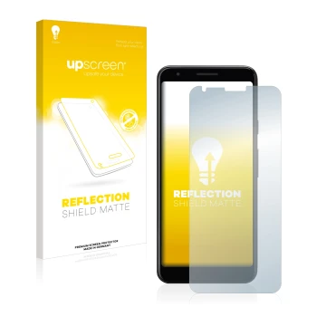 Face avant d’un emballage produit avec le logo de la marque upscreen. À côté, l’appareil Google Pixel 3a XL est représenté ave