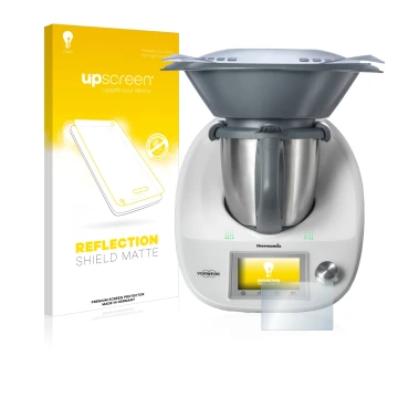 Face avant d’un emballage produit avec le logo de la marque upscreen. À côté, l’appareil Vorwerk Bimby TM5 est représenté avec