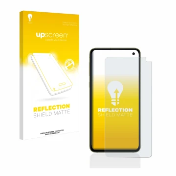 Face avant d’un emballage produit avec le logo de la marque upscreen. À côté, l’appareil Samsung Galaxy S10e est représenté av