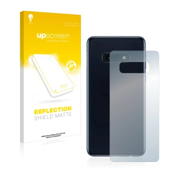 Face avant d’un emballage produit avec le logo de la marque upscreen. À côté, l’appareil Samsung Galaxy S10e (Arrière) est rep