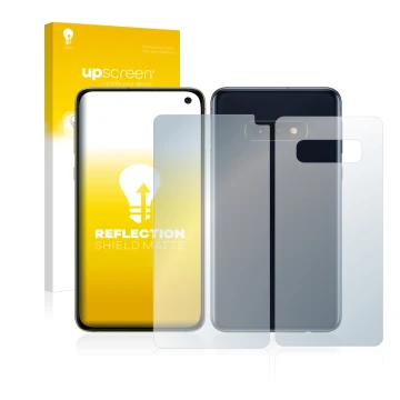 Face avant d’un emballage produit avec le logo de la marque upscreen. À côté, l’appareil Samsung Galaxy S10e (Avant+Arrière) e